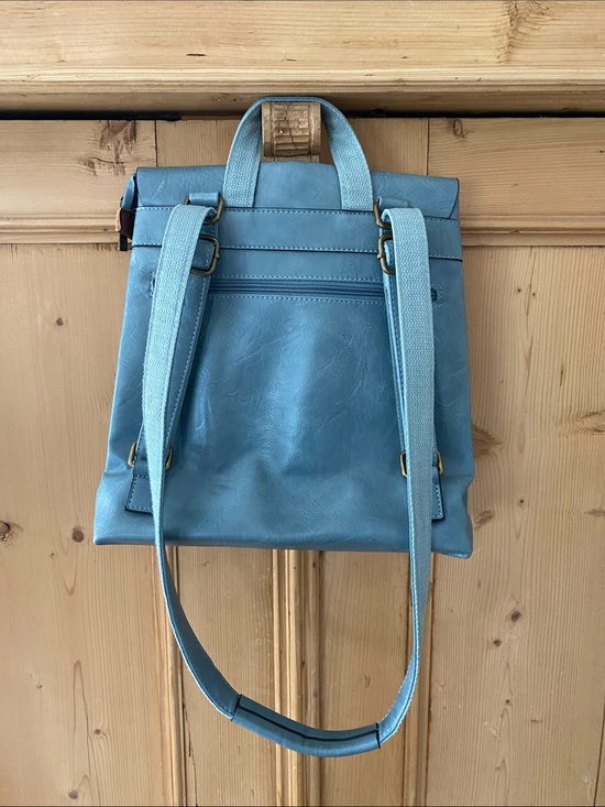 blue faux leather backpack Blue Faux Leather Backpack with Brown Accent Strap